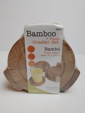 Bamboo Wood Round Coasters and Holder By Lipper International - 7 PC. New